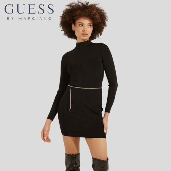 GUESS NWT Mariah Long Sleeve Mock Neck Open Back MiniDress w/Logo Chain Belt/XL - Picture 3 of 15